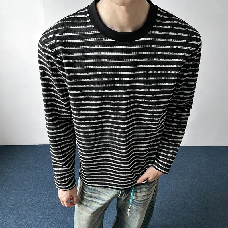 Autumn Mens Striped Waffle Knit Crew Neck Top Long Sleeve Classic Horizontal Pattern Breathable Casual Apparel