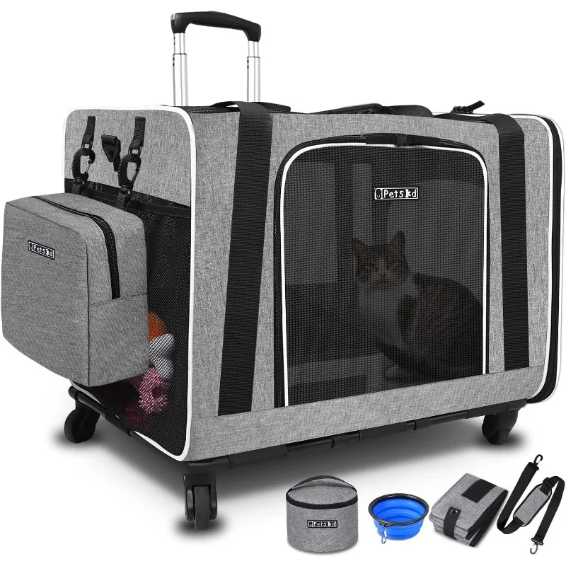 

Petskd Large with Wheels 24"x17"x17" for Large Cats, 2 Cats or Medium Dog, Cat Carrier for Car Travel with Litter Box and Bowl