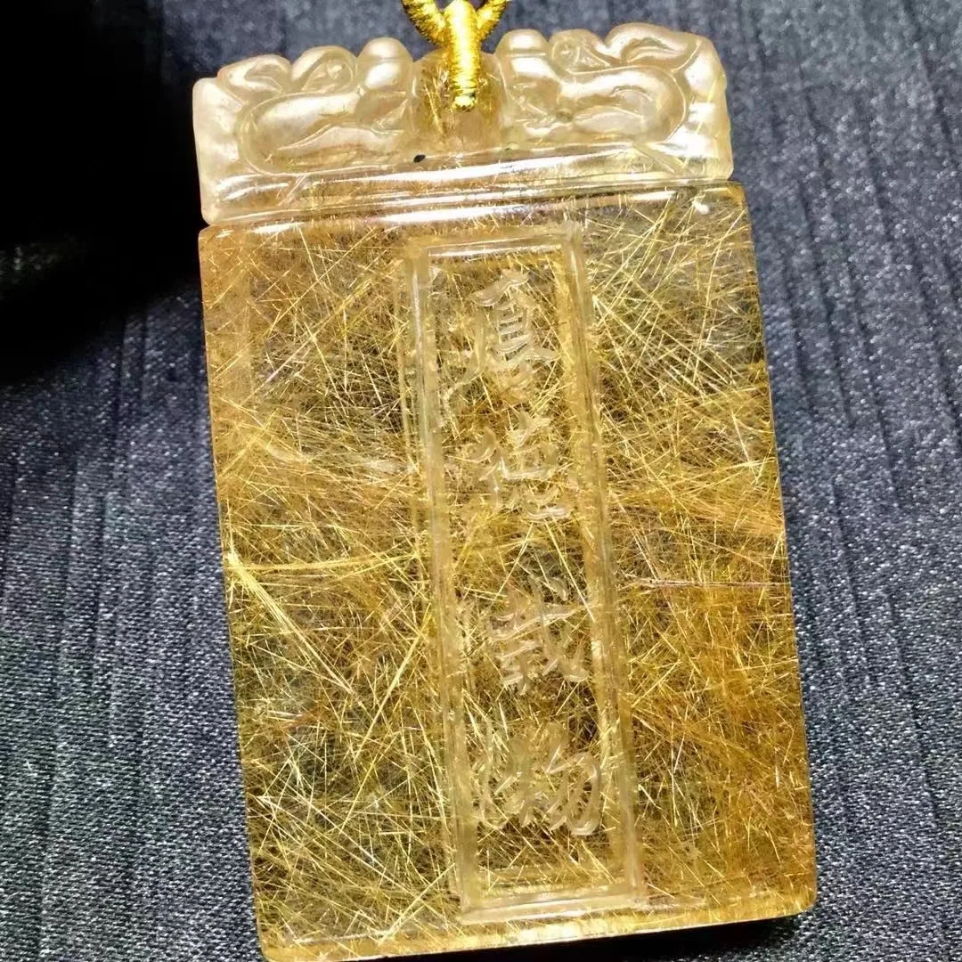 Natural Gold Rutilated Quartz Pendant Rectangle 61.5*37.5*11.5mm BIg Size Rutilated Quartz Jewelry Men Women Brazil AAAAAAA