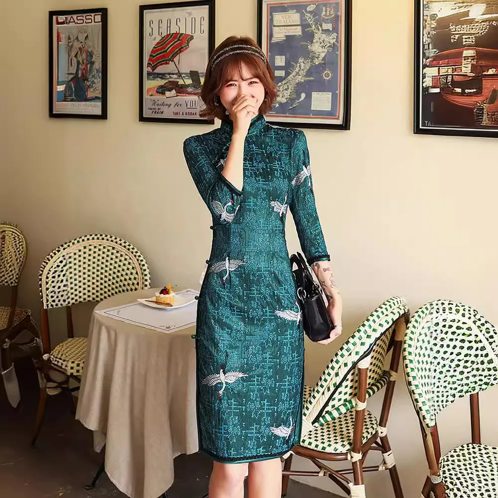 Daifa New Summer and Autumn Improved Cheongsam Short Lace Retro Slim-Fit Crane Pattern Dress Chinese Style