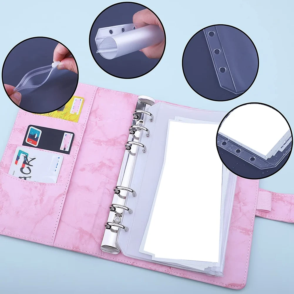 A6 PU Binder Cover with A6 Binder Pockets Loose Leaf Bags 6 Ring Budget Binder Cash Envelopes Money Saving System D