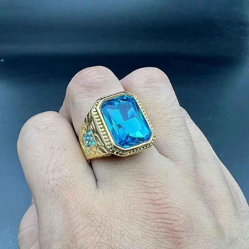 جديد خمر الرجال الفولاذ المقاوم للصدأ ضوء فاخر كبير الأزرق الزركون خاتم مجوهرات الزفاف حجم 7-13 #3