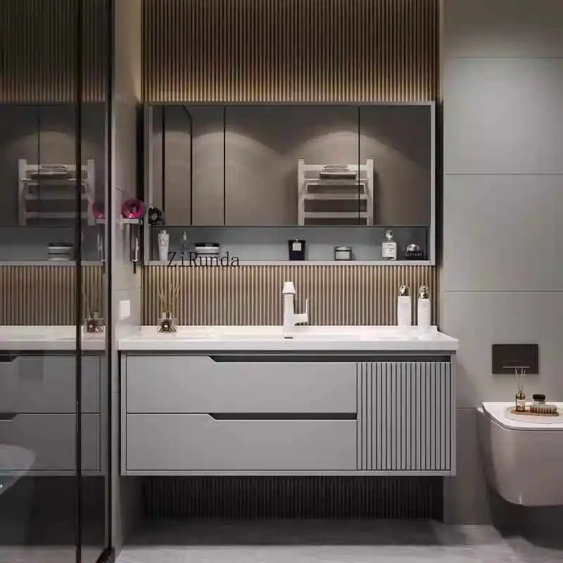 Marble-topped MDF bathroom vanity with luxurious wood planks with sink and mirror