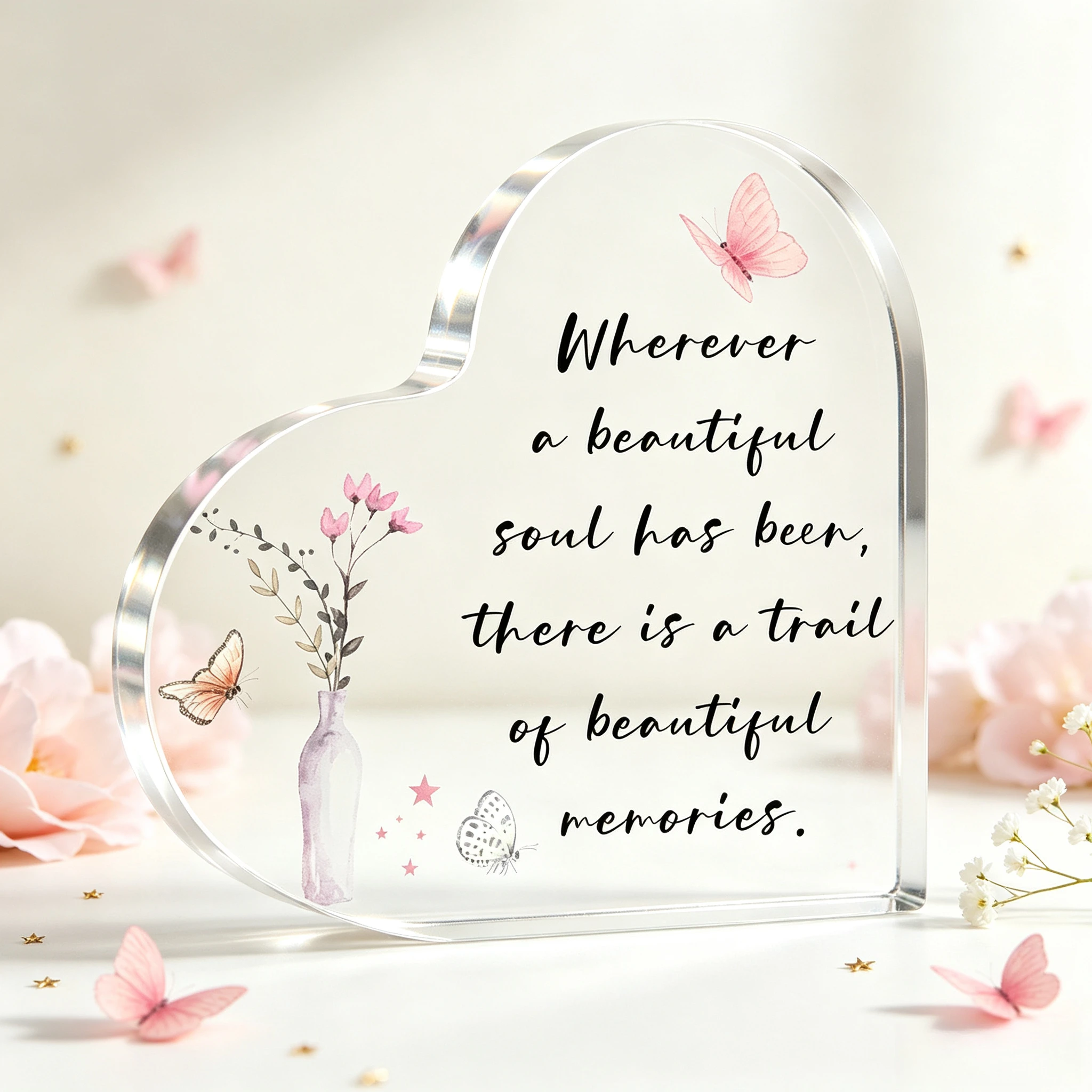 Heart‑Shaped Acrylic Memorial Plaque Butterfly Floral Sympathy Desktop Keepsake Decor Beautiful Soul Memory Quote Heart Acrylic Stand, Watercolor Butterfly Vase Condolence Gift