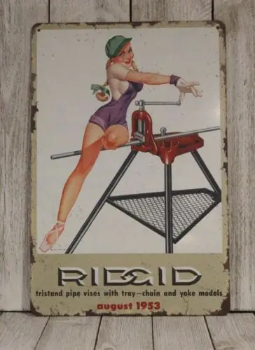 Ridgid Tools Sexy Pinup Girl Tin Metal Sign Vintage Style Power Tools Equipment-Aluminum