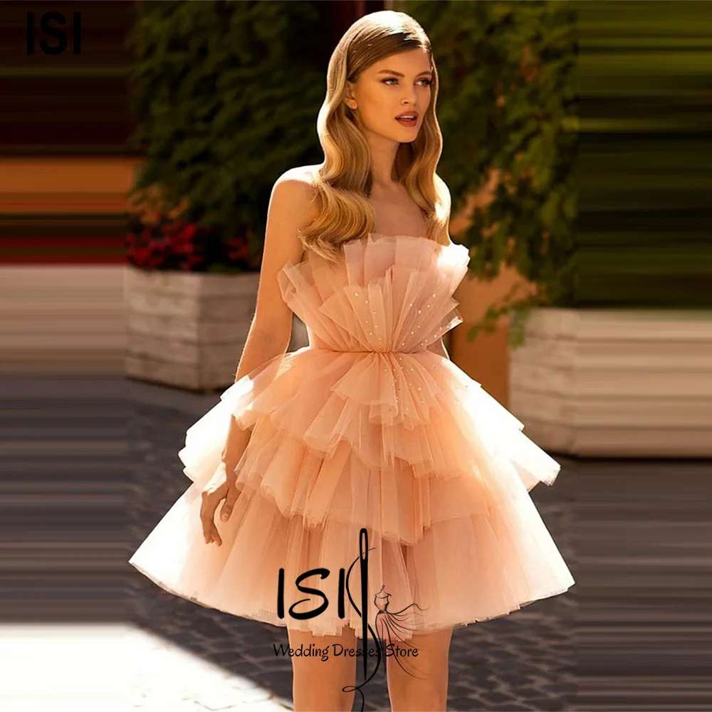 Vestido de Noche de Tul ISI, Sin Tirantes, Mini, con Volantes, Corte en A, Vestido de Cóctel Personalizado, Vestidos de Fiesta