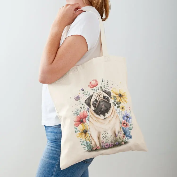

Cute Pug with Flowers Tote Bag reusable grocery bags Women's handbag Women's shopper Shopper