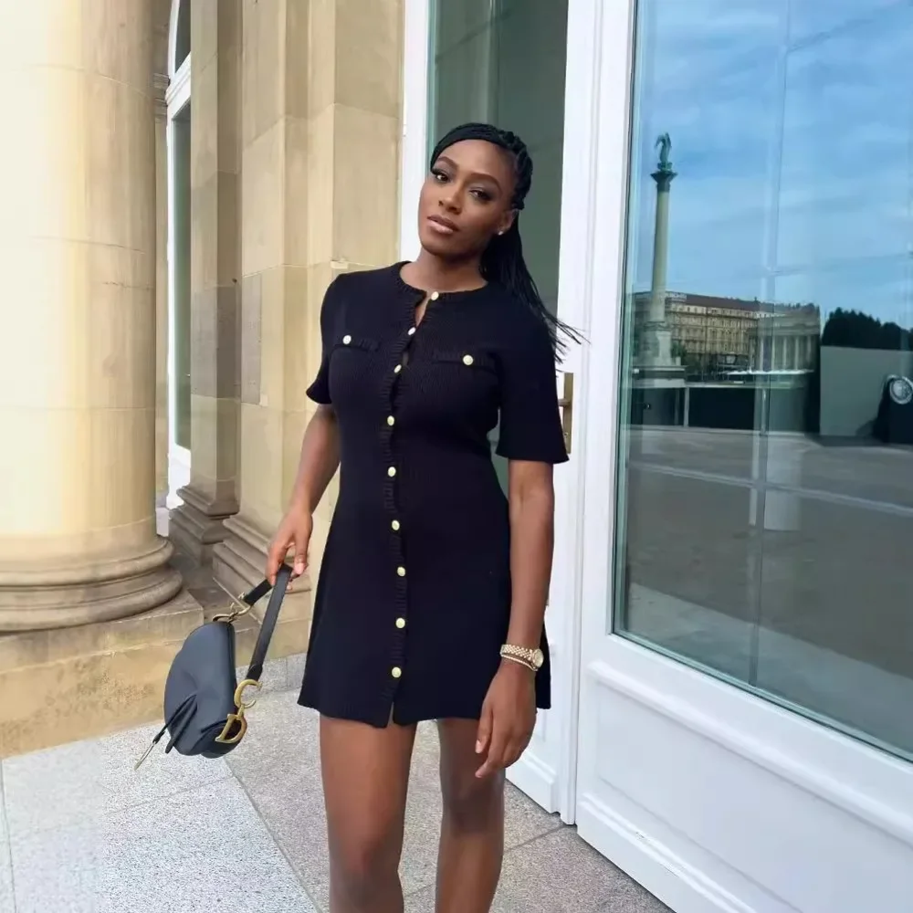 فستان محبوك بأكمام قصيرة للنساء، صوف، مقاس نحيف، ركاب عصري، نمط ربيعي جديد