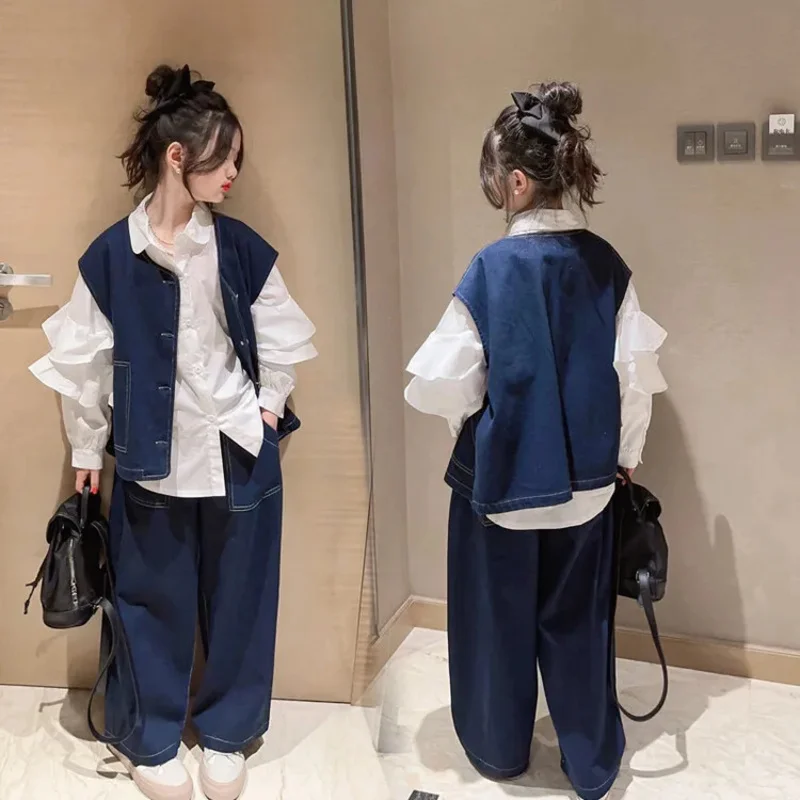 10 12 14 15 teenage Girls clothes suit spring childrens Denim vest wide leg pants 2pcs kids girls clothing set children outfit