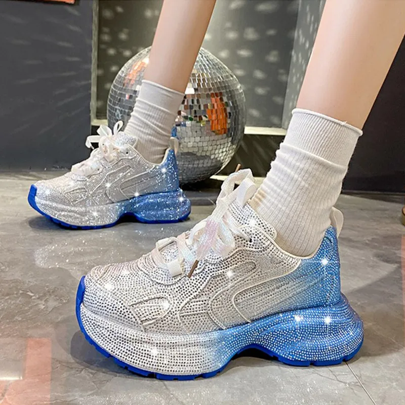 

Кроссовки женские на платформе, люксовые блестящие повседневные уличные туфли, на шнуровке, модная спортивная обувь для бега и тенниса
