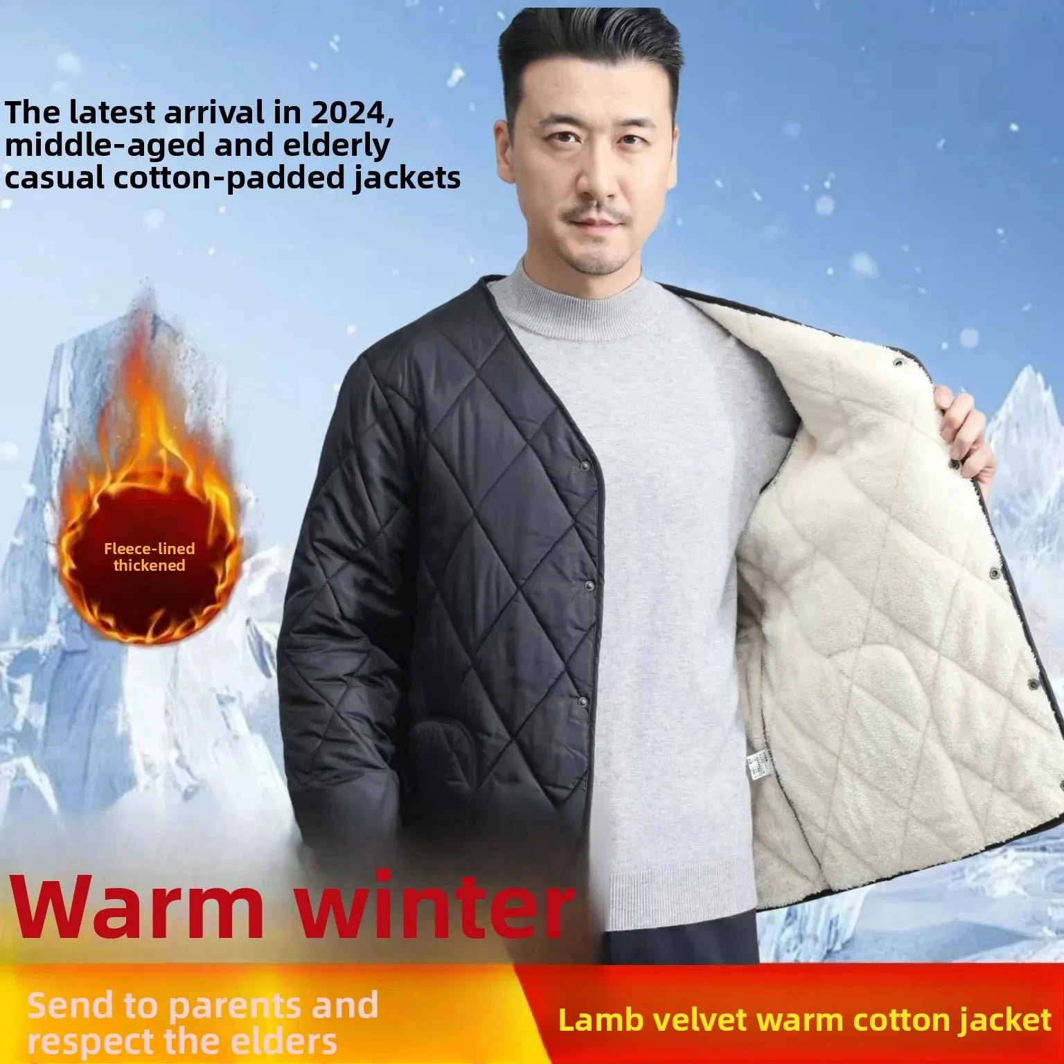 

Warm Fleece Lined Cotton Jacket for Men V-Neck Long Sleeve Casual Outerwear Suitable for Middle-Aged And Elderly People