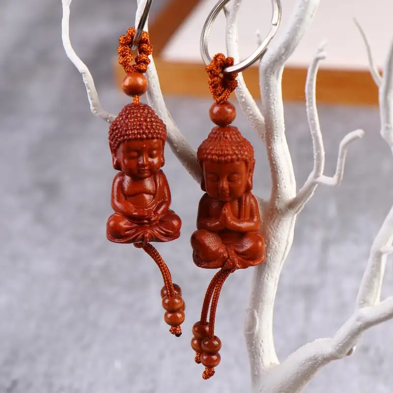 Porte-clés en bois sculpté style ethnique bouddhiste vintage, pendentif paix et bonheur, breloque de sac, cadeau