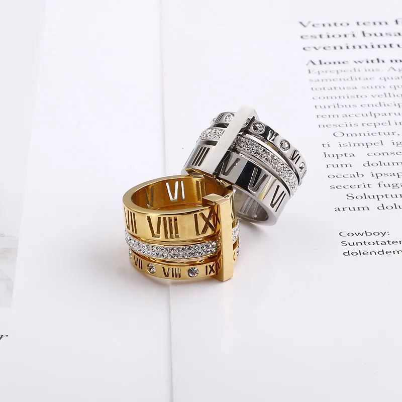 Shiny Zircon Roman Alphabet Three Layers Rings For Women Girl Muticolor Stainless Steel Women\'s Ring Party Wedding Jewelry Gifts