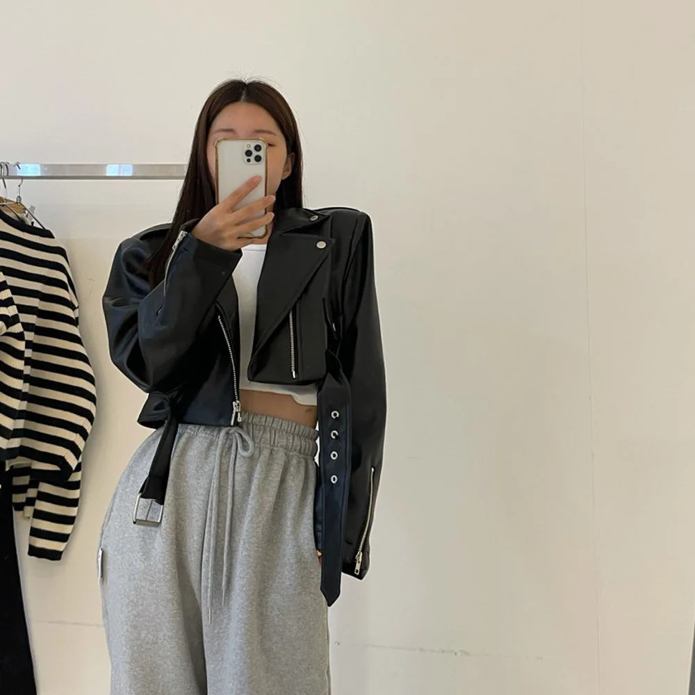 2024 Koreańska modna kurtka skórzana Odzież damska Kołnierz z zamkiem błyskawicznym PU Crop Coat Ropa Mujer Streetwear Harajuku Y2k Tops