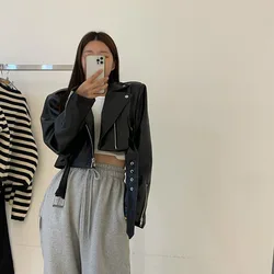 2024 Korean Fashion Leather Jacket Women's Clothing Turndown Collar Zipper PU Crop Coat Ropa Mujer Streetwear Harajuku Y2k Tops