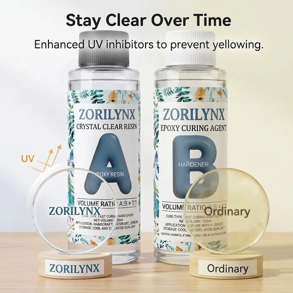 200ml Crystal Clear Epoxy Resin Kit Not Yellowing No Bubble Self Leveling Easy Mix 1 To 1 Casting for DIY Jewelry Art ZORILYNX