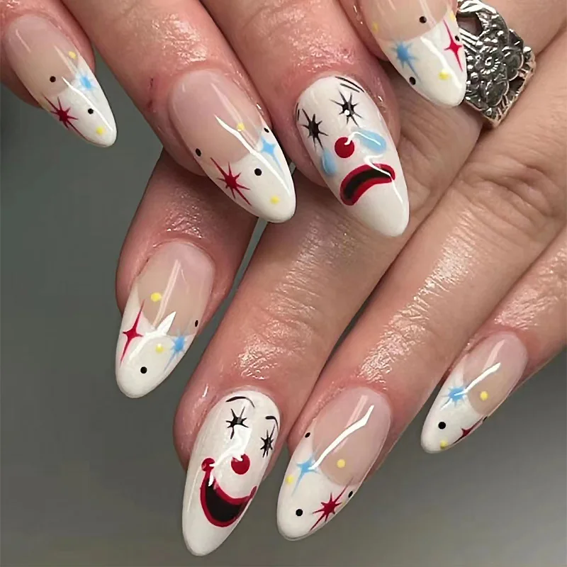 

24Pcs Long Almond Press-on Nails:Crying & Laughing Clown Masks with Cream Star Border & Black-Yellow Dots - Carnival Drama Style