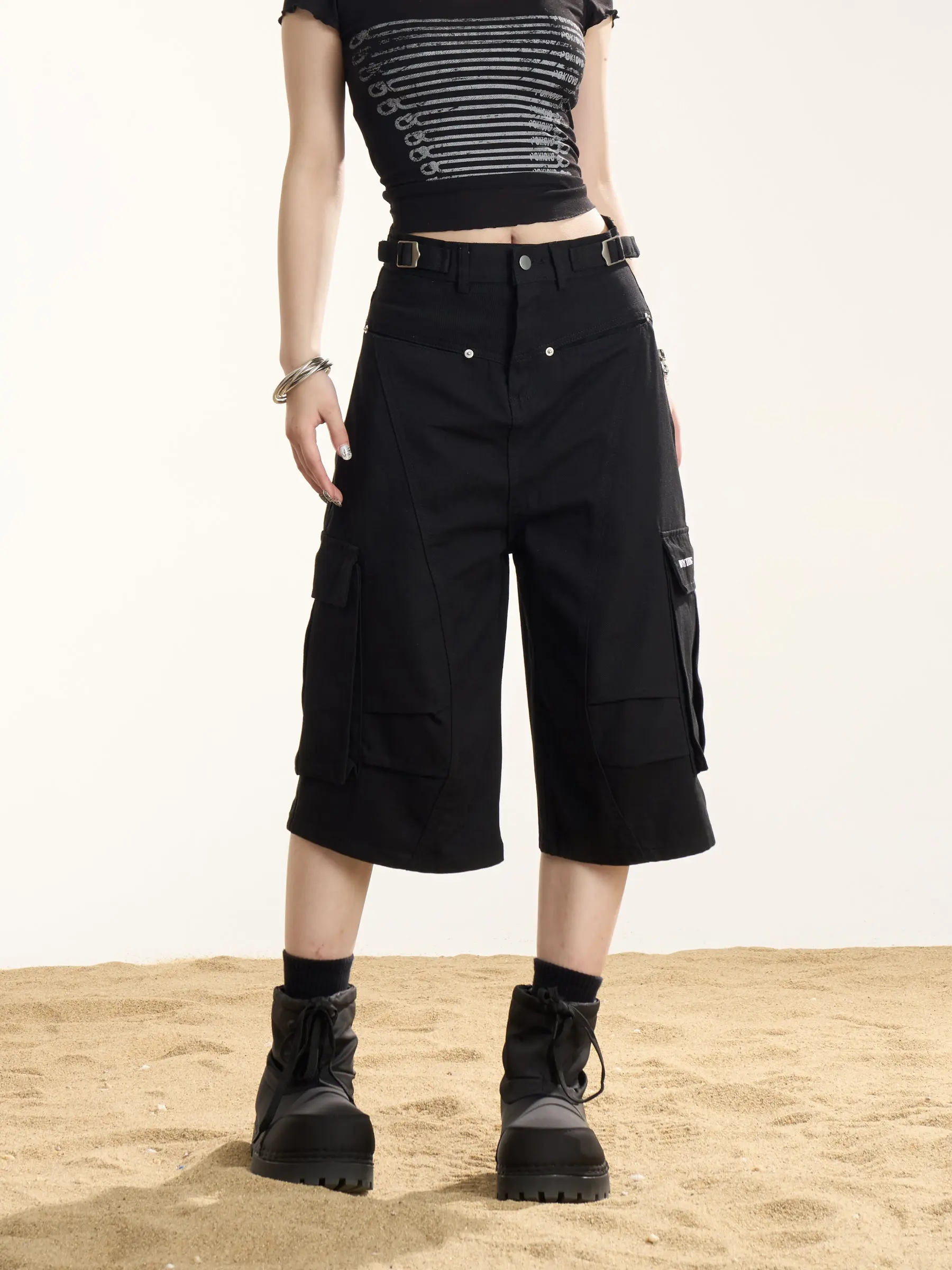 ONLPP American Retro Workwear Style Khaki Wide Leg Seven-Foot Pants Women Summer Loose Multi-Pocket Casual Shorts