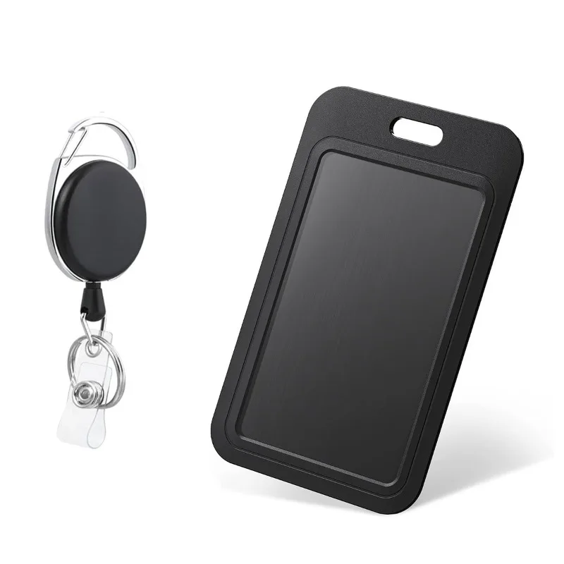 Black Vertical Card Holder with Retractable Badge Reel Slide‑Open Design Bus Card ID Card Protective Sleeve