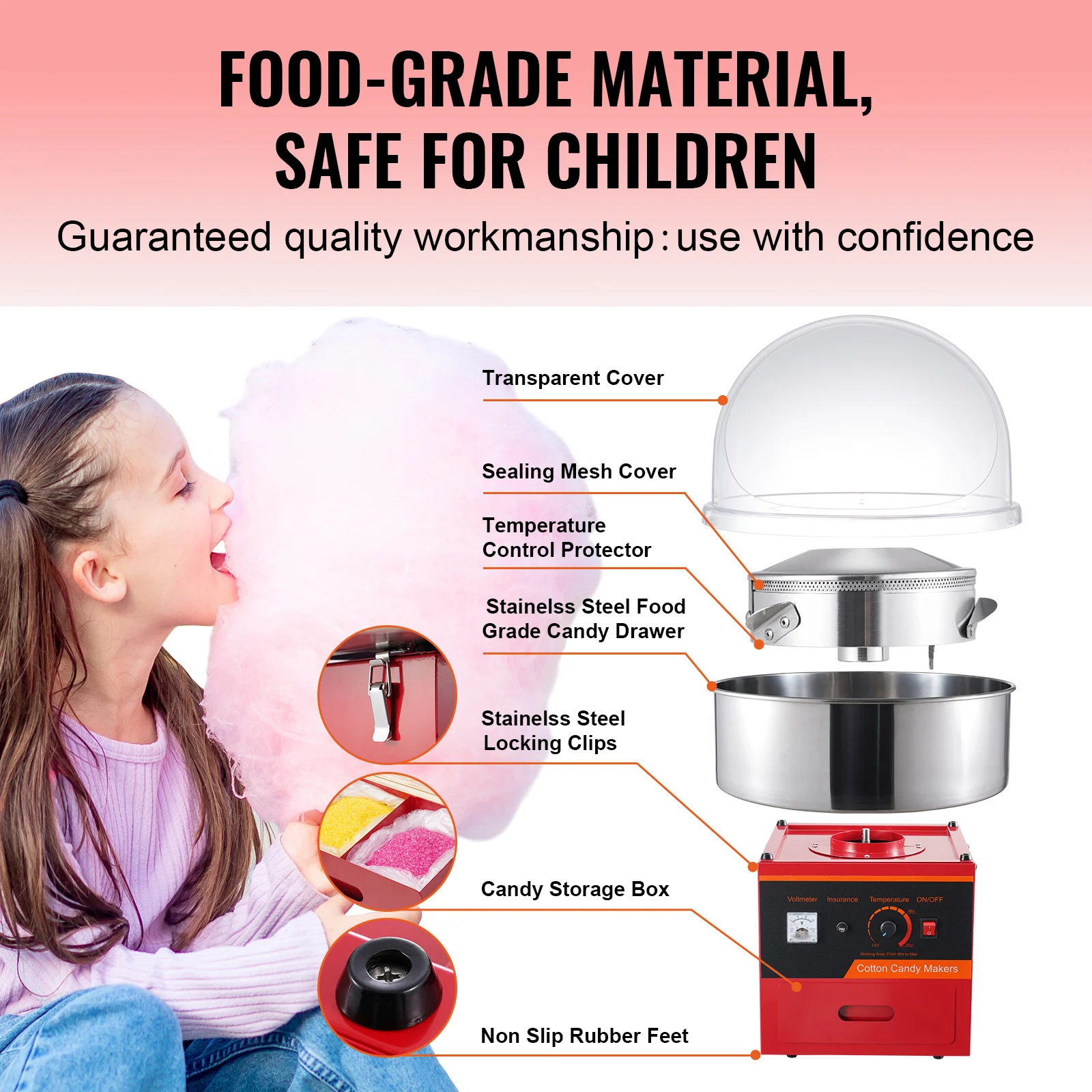 SucceBuy Electric Cotton Candy Machine 1000W Candy Floss Maker Commercial Cotton Candy Machine with Cover  for Kids Birthday