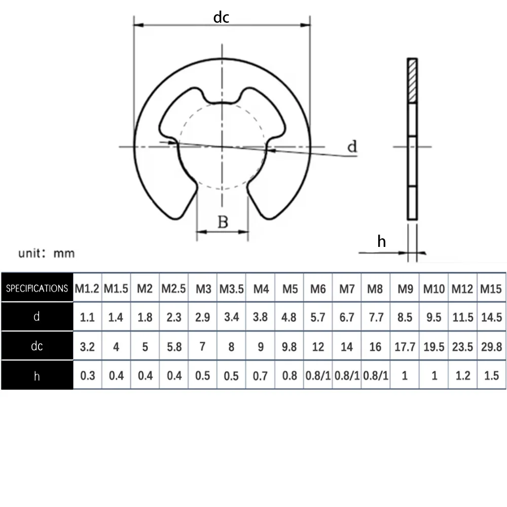 304SS Carbon Steel Shaft External Retaining Ring Clip Washer M1.2M1.5M2M2.5M3M3.5M4-M15 E-ring External Retaining Washers