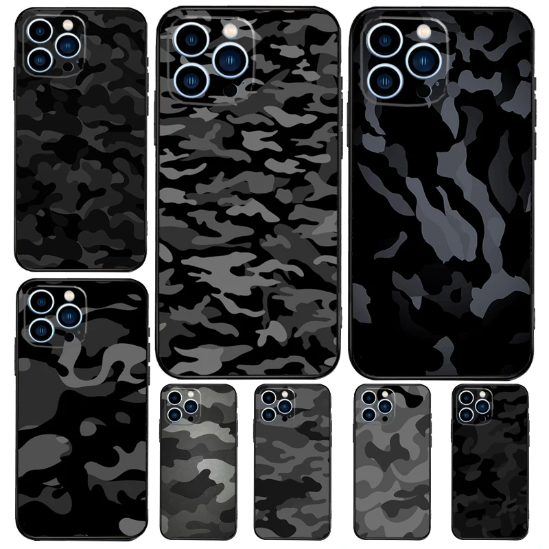 Black Night Camo Camouflage Case For iPhone 17 Pro Max 11 14 15 16 Pro Max 12 13 mini 16 Plus 16e 17 Air Phone Cover