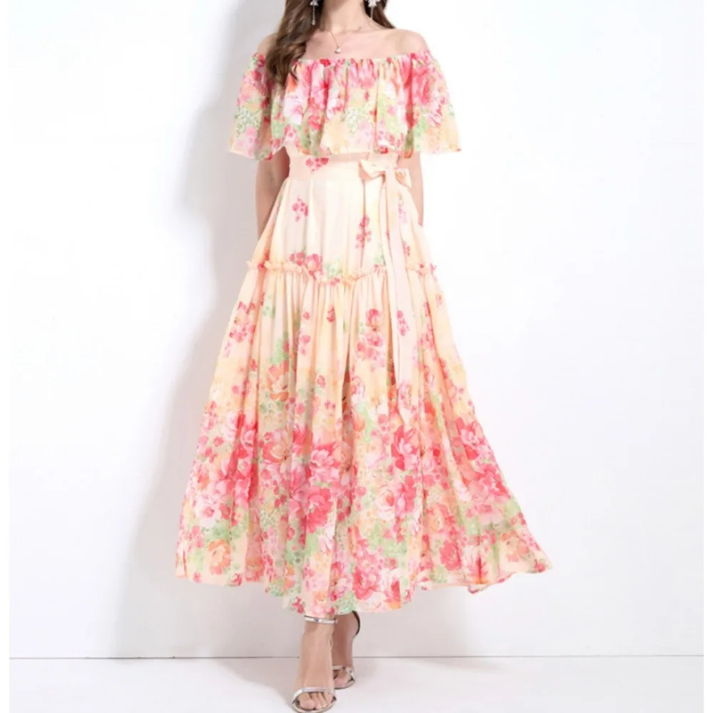 Elegant Ruffle Print Slash Neck Lace-up Vintage Cape Sleeves Chic Chiffon Slim Dresses Fashion Spring Women High Street Clothing