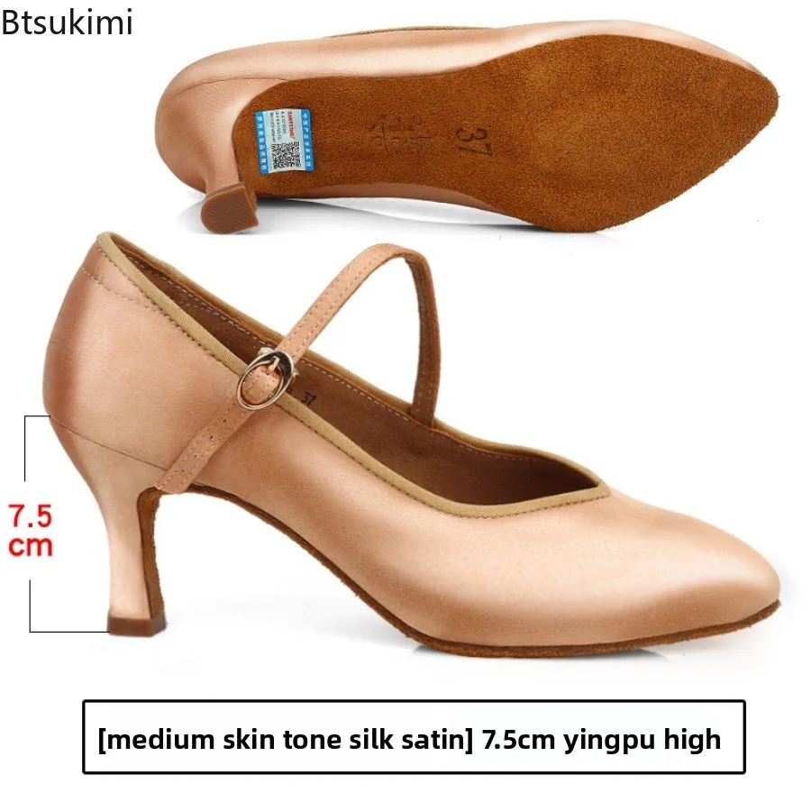 2026 Women Standard Dance Shoes Satin Low High Heels Women Ballroom Dance Shoes Soft Outsole Closed Toe Latin Salsa Dance Shoes