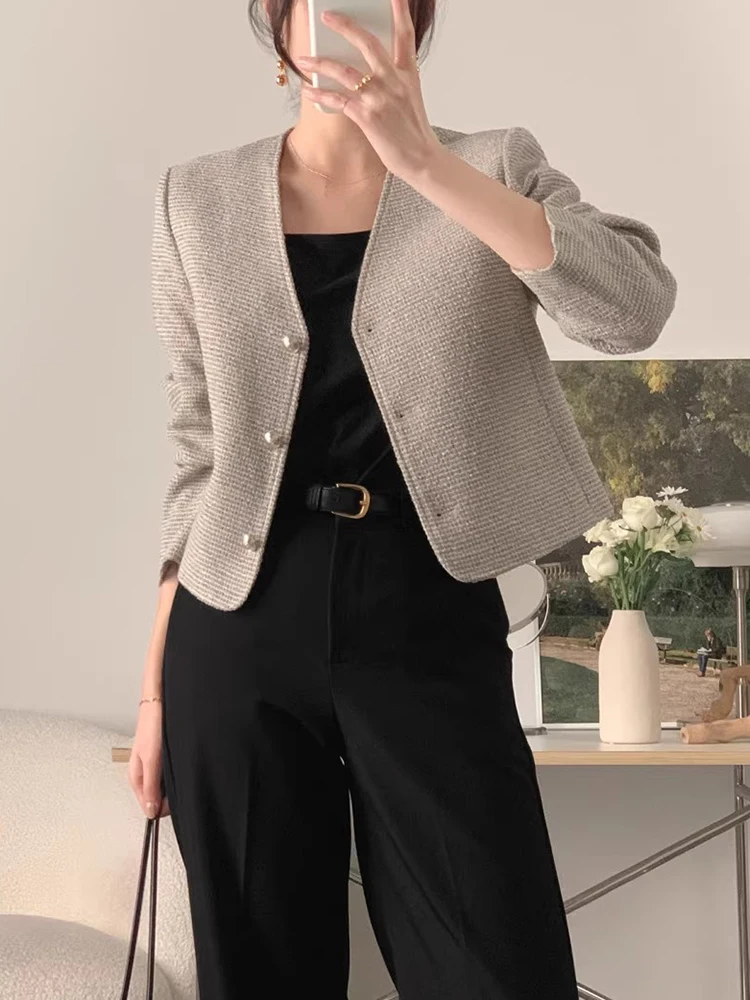 

Chic Vintage V-Ne ort Jaet Women's Loose Fit Single Button Texture Outerwear Autumn Faion Commute Sle Ladies Coat