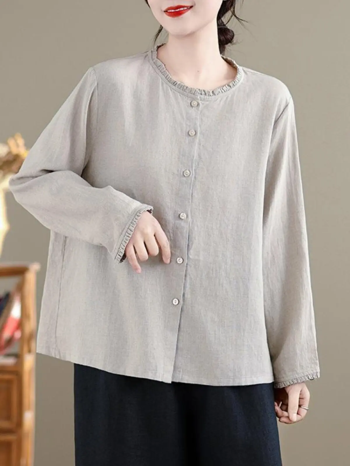 

High-End Vintage round Neck Long Sleeve Loose Shirt Women's Open Cardigan Cotton Linen Material Daily Wear Spring Season