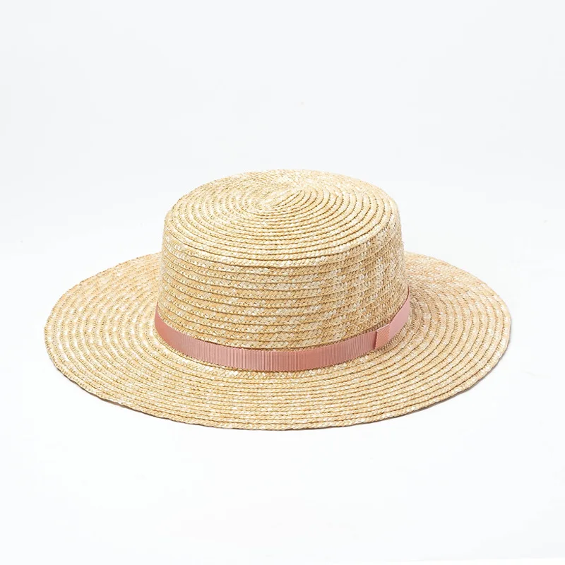 X225  Fashion Ribbon Decoration Straw Grass Flat Top Hat Travel Sunscreen Sunshade Flat Top Straw Hat Summer Straw Caps