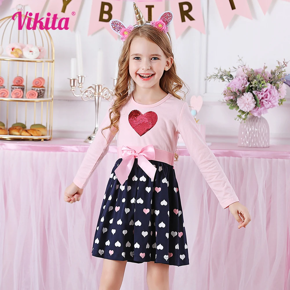 VIKITA Long Sleeve Cotton Dress Girls Princess Dresses Baby Girl Clothes Bow-knot Party Sequins Dresses Girl Casual Clothes