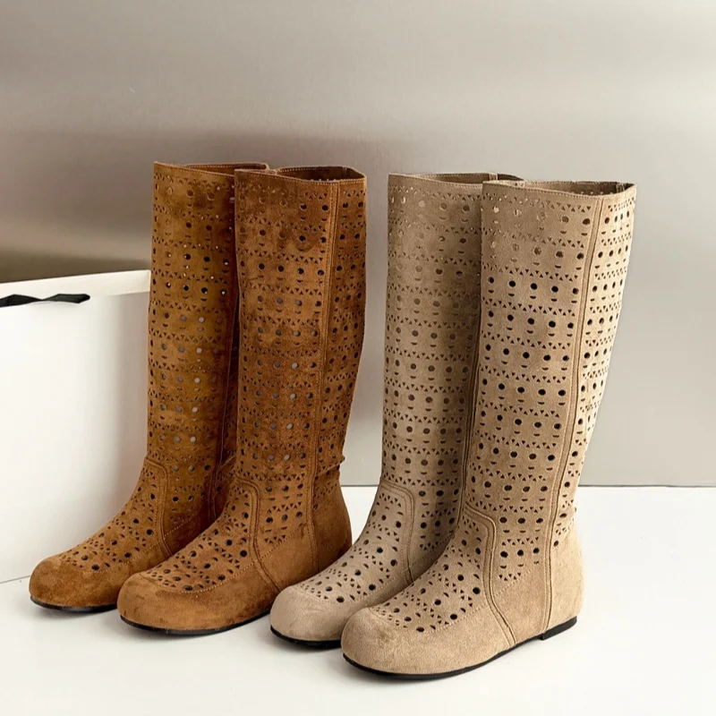 Botas de mujer, estilo vintage, con diseño calado, hasta la rodilla, ideales para el verano, tipo sandalia, con tacón interior invisible de 4 cm, transpirables, para viajar, disponibles en tallas grandes, 41-43.