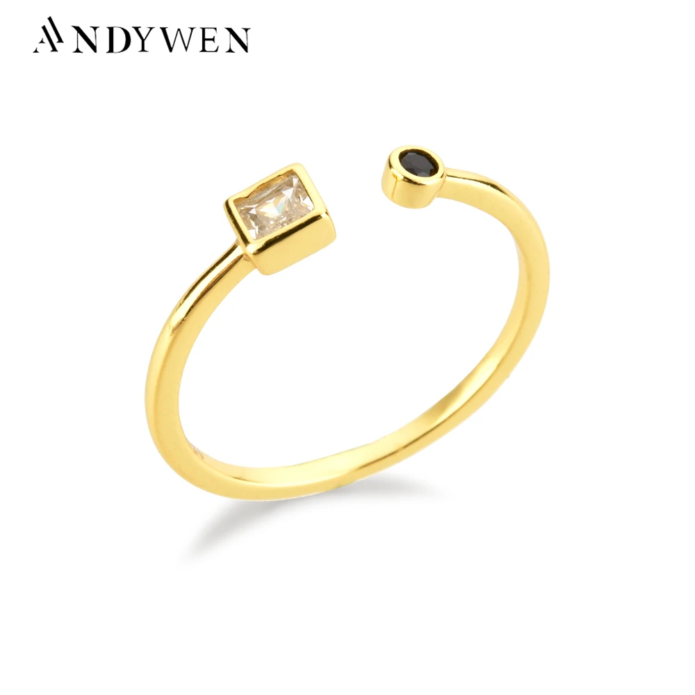 ANDYWEN 100% 925 Sterling Silver Special Gold Black Clear Open Resizable Adjustable Rings Women Luxury Wedding Gift For Party