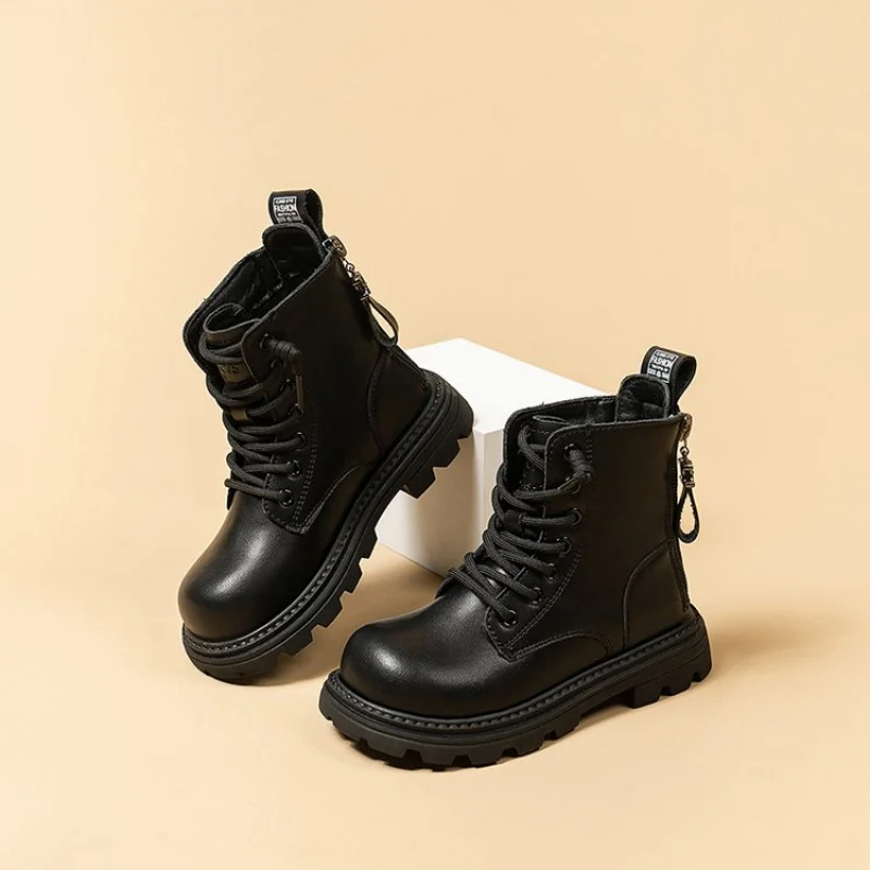 

KidsLeatherBoots2025Fall/WinterKidsFauxFurLined|Anti-SlipTreadSoftLeatherLace-UpAnkleBoots|BoysGirlsFashionWarmWinterShoes