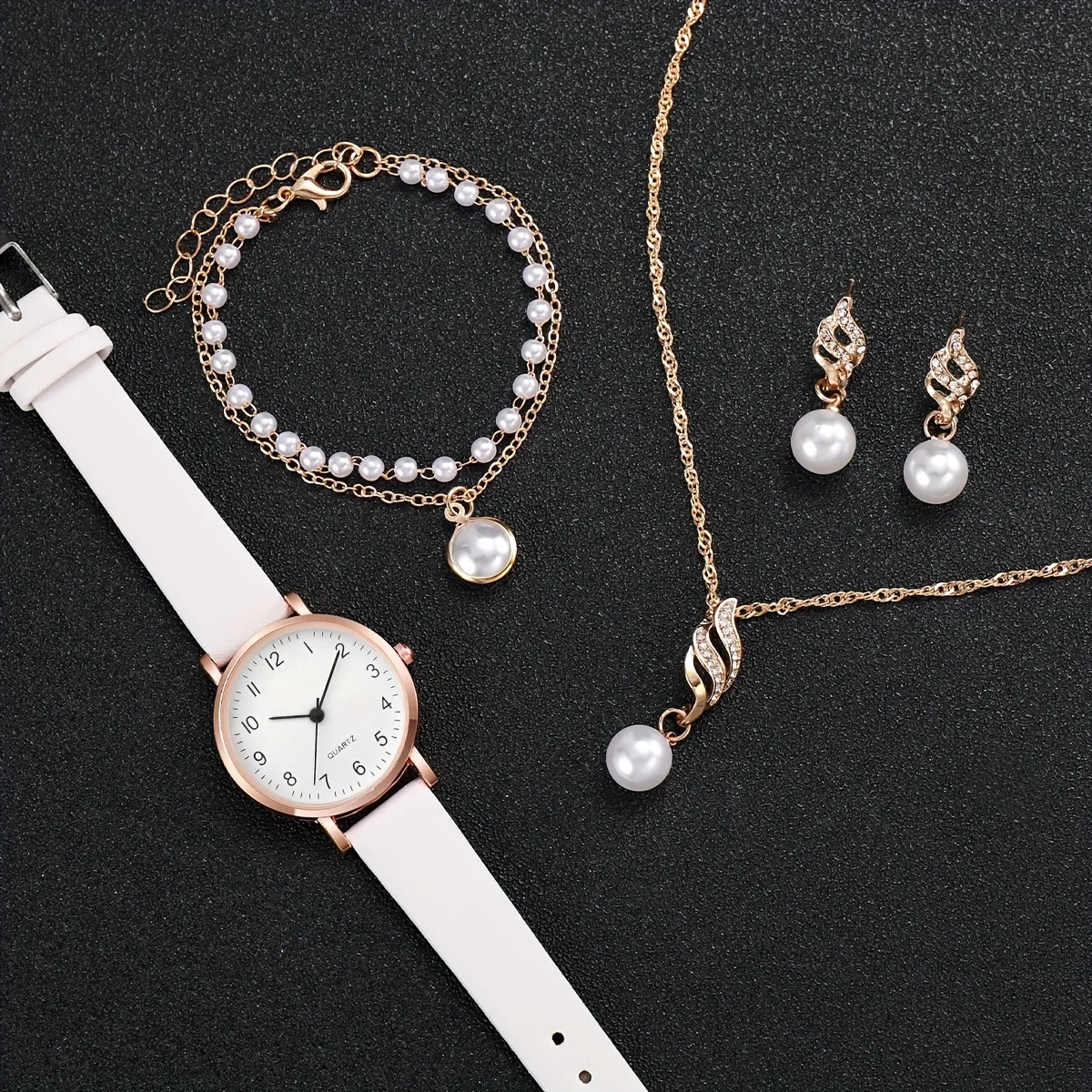 5 unids/set reloj de mujer reloj de cuarzo de moda informal reloj de pulsera analógico de cuero PU y conjunto de joyería de perlas de imitación, regalo para mamá y ella