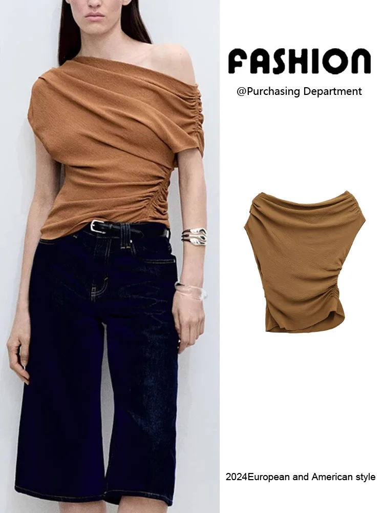 Abnehmen elastische plissierte symmetrische Oulder Sommer neue Damen Top Pendeln Sle regelmäßige Länge Svel Weste Bluse