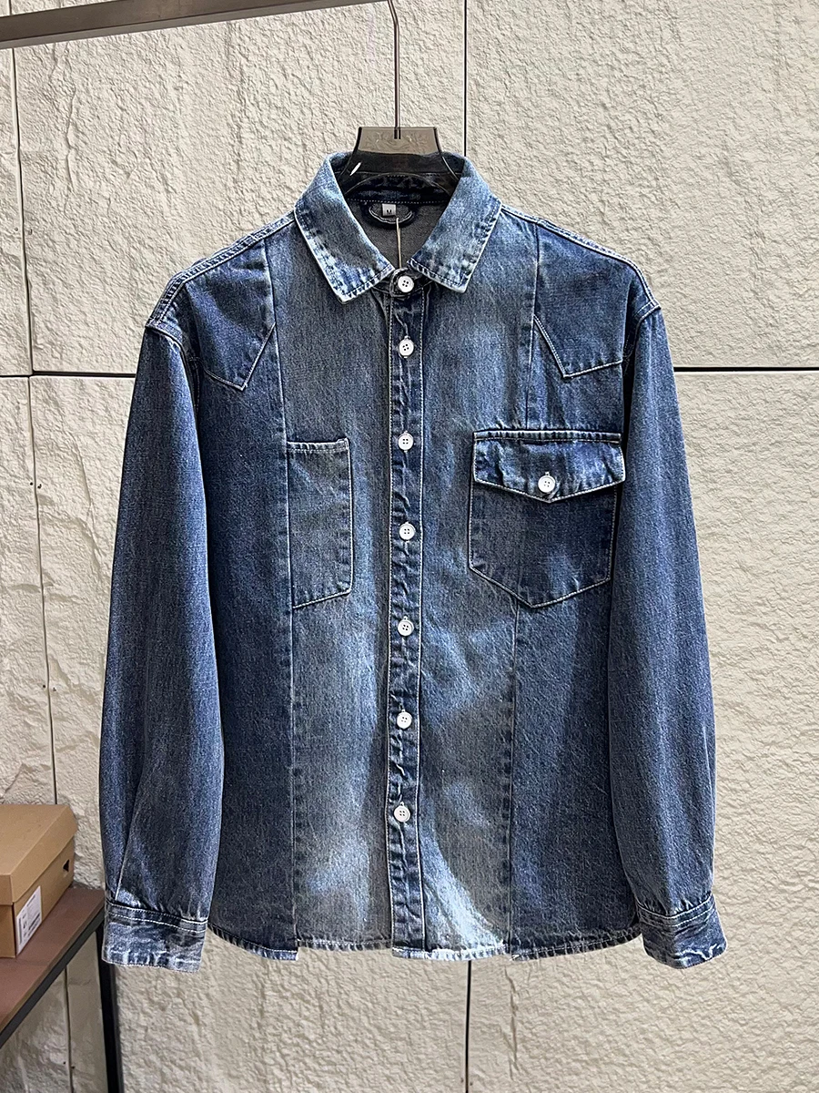 

Washed Vintage Men's Casual Workwear Denim Shirt Jacket Loose Fit Breathable Cotton Long Sleeve Button up Coat