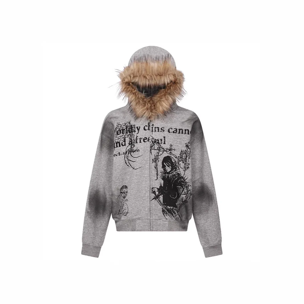 American Vintage Distressed Hooded Plush Design Sweatshirt Unisex Streetwear US EU New Fur Collar Hoodie