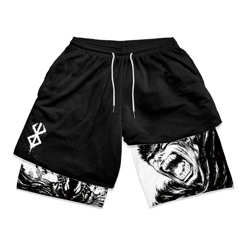 Anime Berserk 2 in 1 Gym Shorts for Men Active Athletic Compression Shorts 5 Inch Quick Dry Stretchy Training Fitness Workout