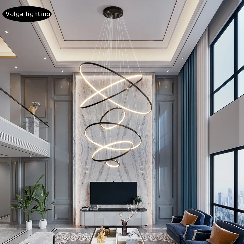 

Modern High Ceiling Duplex Villa Hanging Lamps 2024 Home Decoration LED Round Simple All Copper Silicone Chandelier Foyer