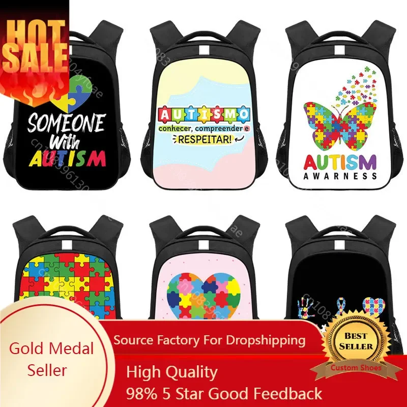 

Autism Awareness Backpack for Teenager Autism Children School Bag Love Needs No Words Rucksack Daypack Laptop Backpack Bookbag