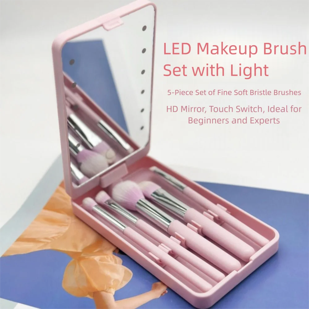 Draaibare spiegel reismake-upborstel met licht USB oplaadbaar met 5 stuks borstel LED make-upspiegelborstelset aanraakschakelaar