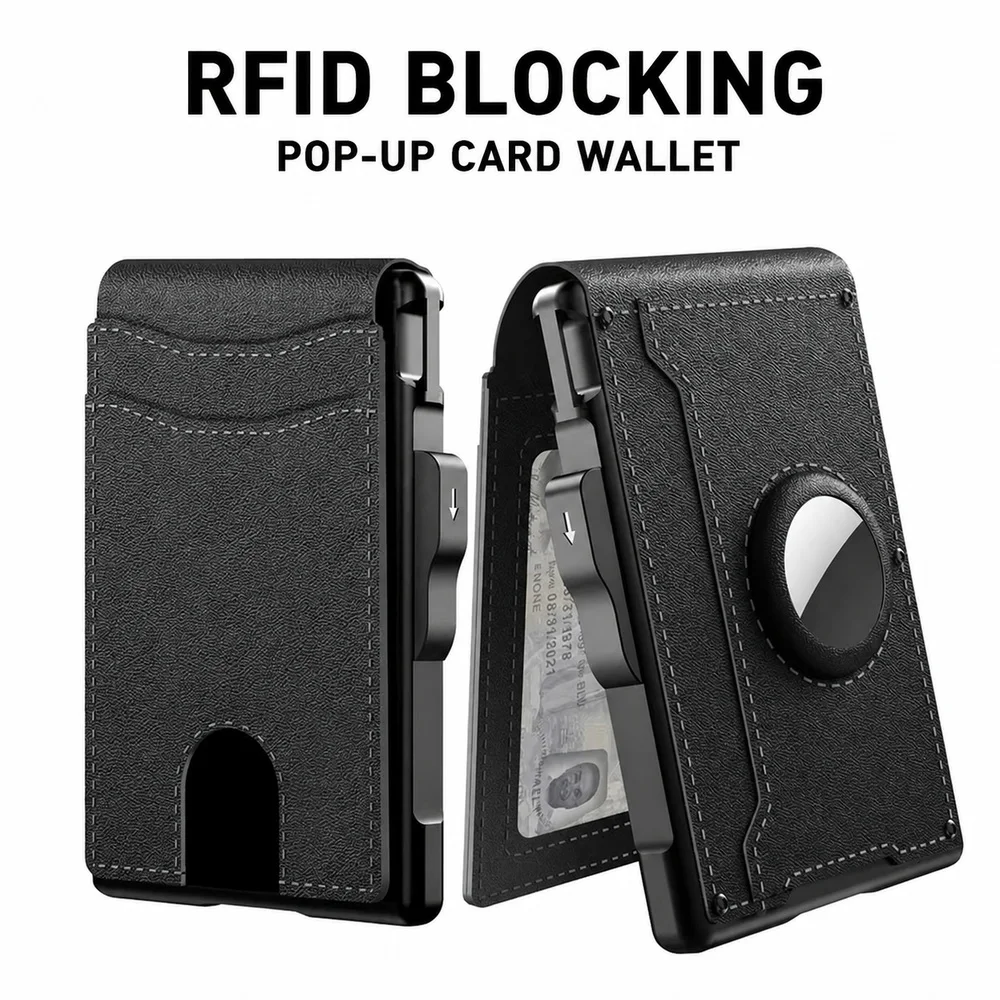 Automatic Pop Up Card Wallet for Men RFID Blocking Slim Metal Holder PU Leather Credit Card Case with Cash Clip and ID Window