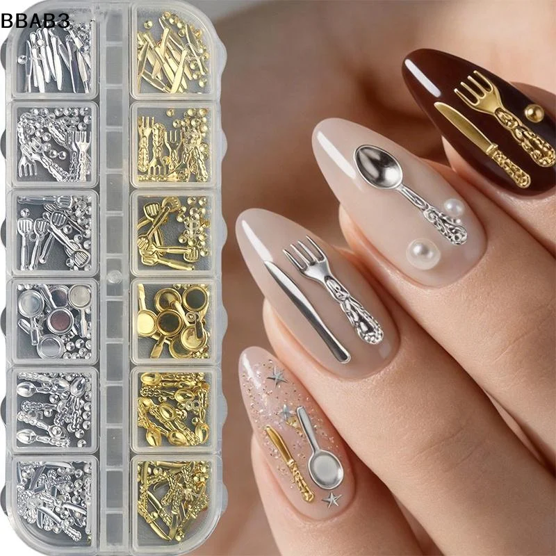 12 Grids/Box Mix Metal Small Fork Spoon Nail Charms Gold Silver Nail Accessories Tableware Series Fork Nail Accessories Parts