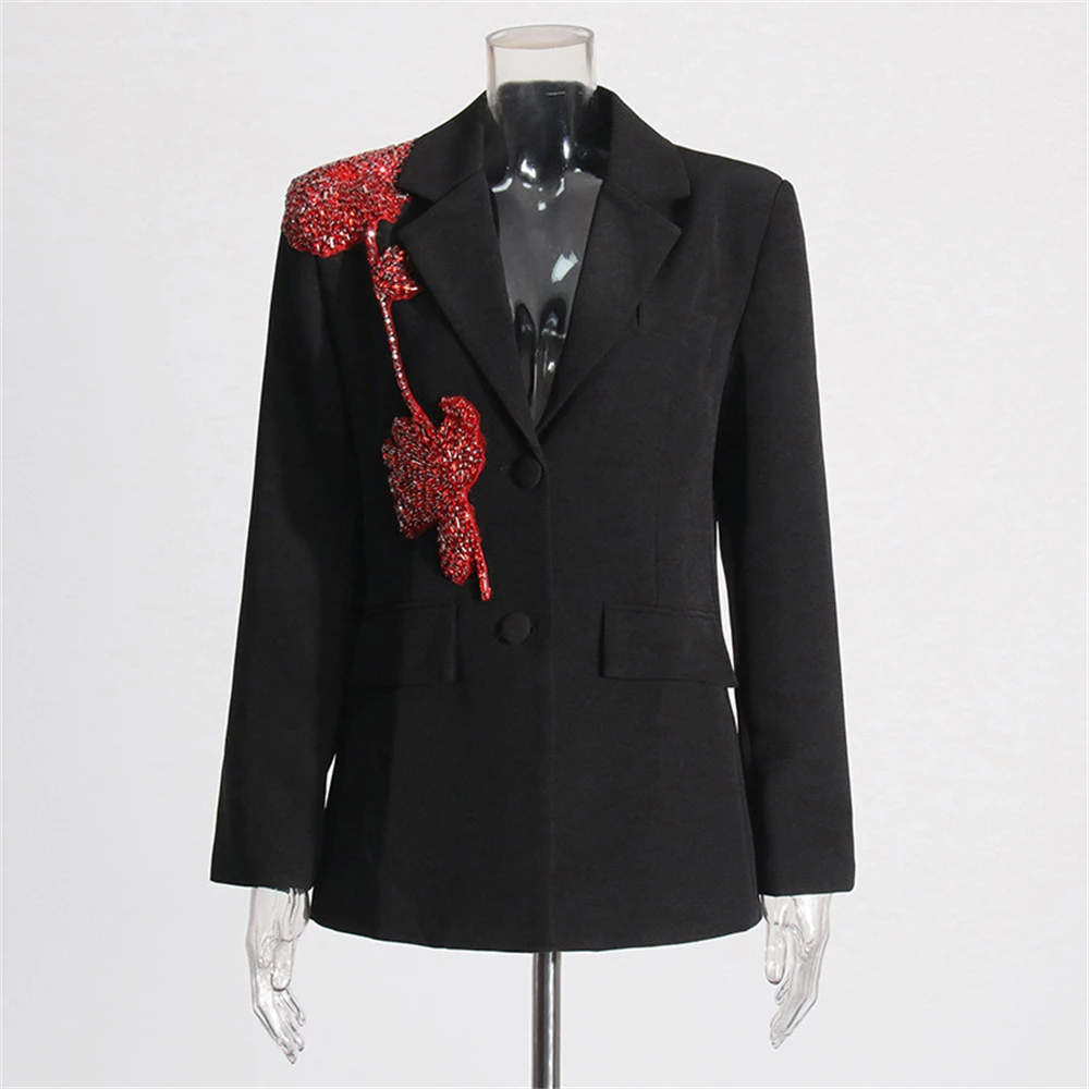 Beads Embellished Suit Jacket for Women Slim Fitted Black Suits Women's Autumn Blazer Long Sleeves Fashionable Party Wear