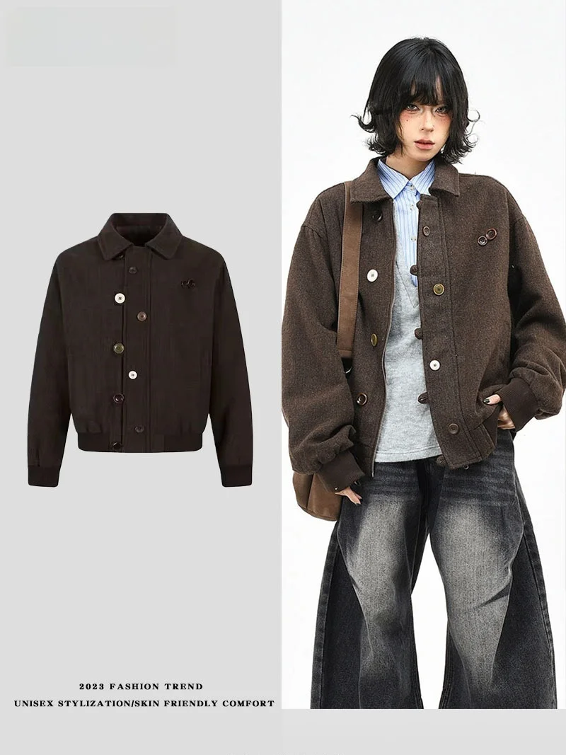 

LPLN Original Men's Workwear Jaet ort Loose Fit Collared Spring Autumn Button Decorated Utili Coat ex Youth Sle