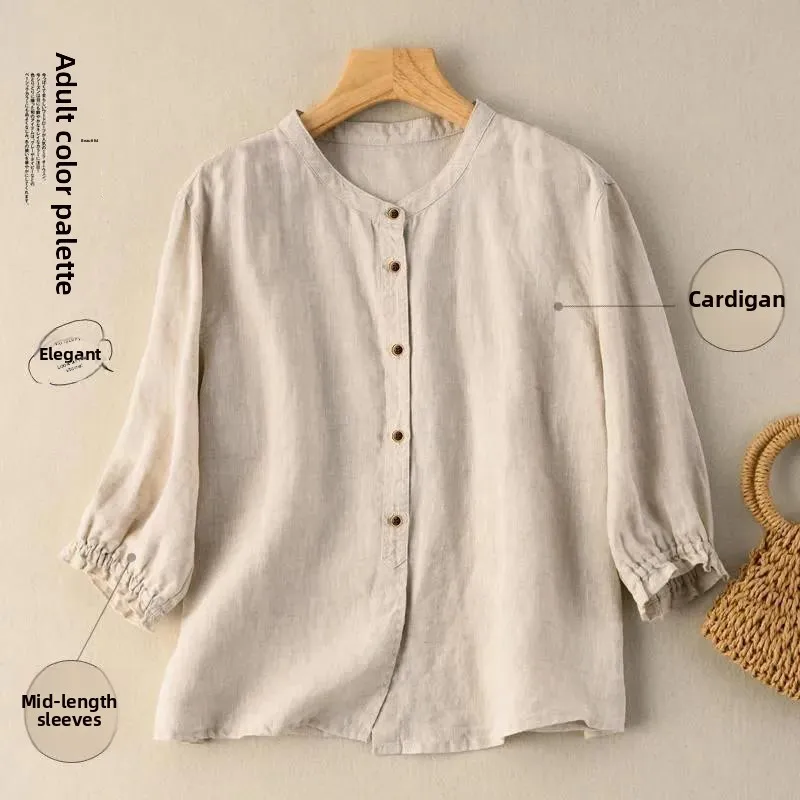 

Casual Cotton Linen Women's irt Mid-Sve Button up Loose Fit Commute Sle Pure Color Spring Season Faion Ladies' Top