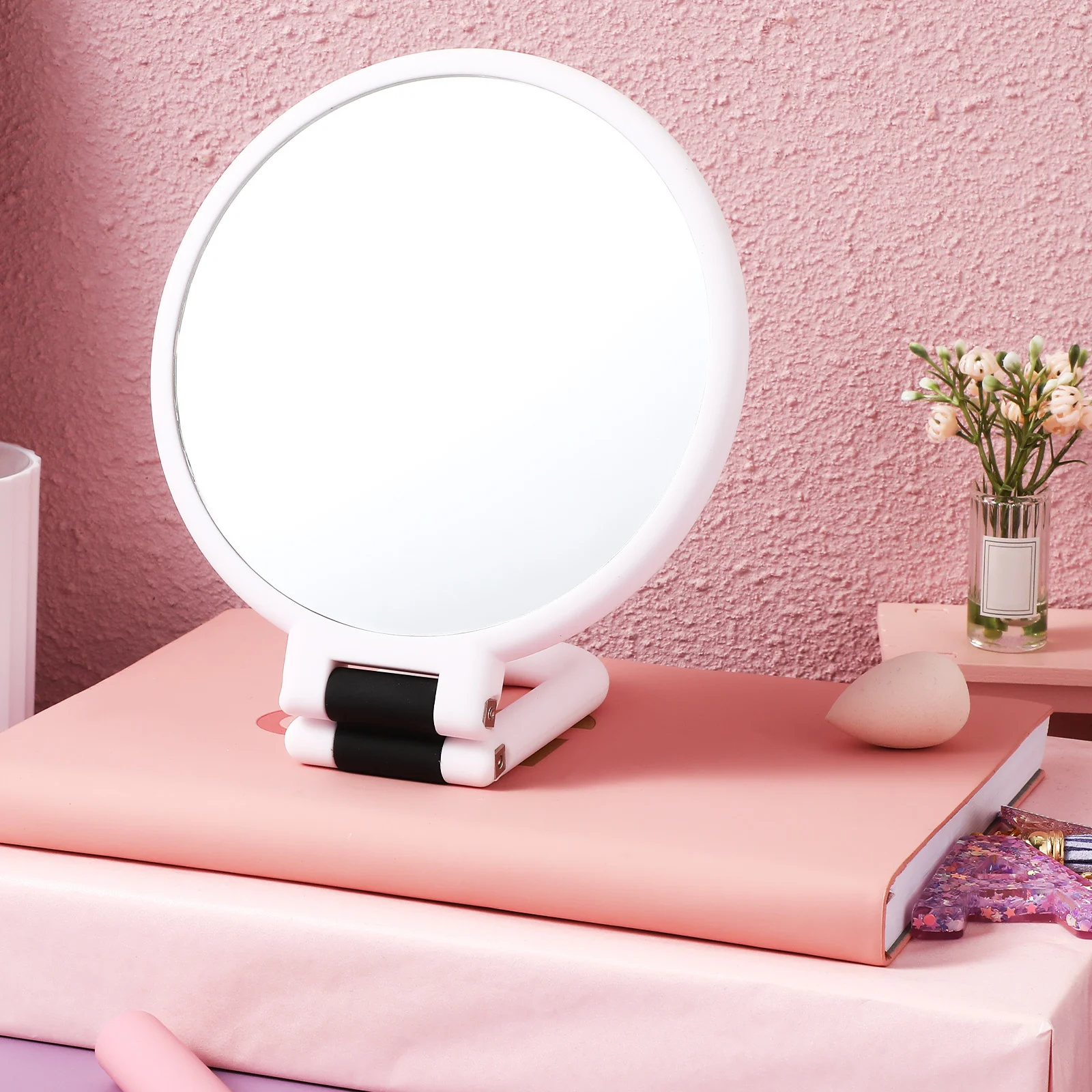 Reisespiegel, handgehalten, faltbar, doppelseitiges Vergrößerungsdesign, ideal für Make-up, Hautpflege und persönliche Pflege