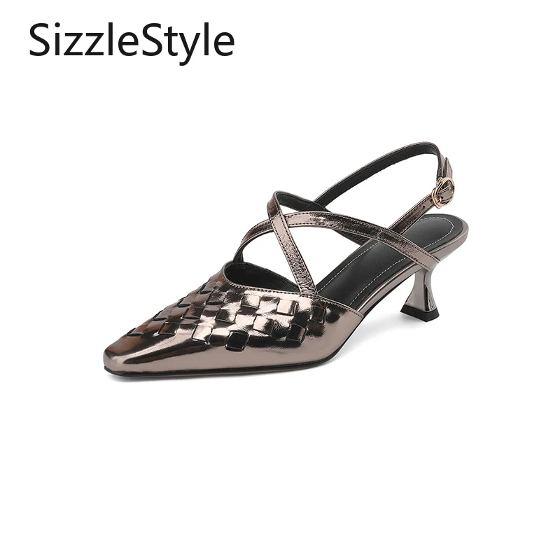 

Women's Handmade Genuine Leather Sandals Square Toe 5.5cm Cross Straps Braided Ankle Buckle Elastic Sole Gun Grey Silver